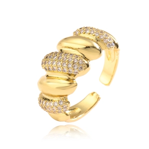 Gold plated tiered wavy open ring with pavé cubic zirconia accents for women