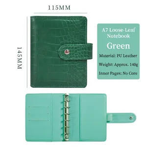 Grüner A7 PU-Leder Ringbuch mit Krokoprägung, 6-Loch-Metallringbuch und Druckknopfverschluss