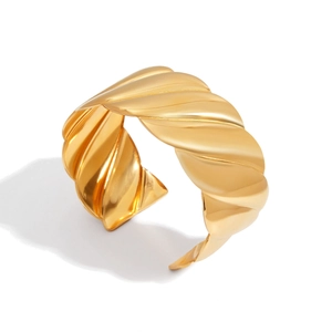 Polished 18K gold plated wide open bangle with classic twisted striped design