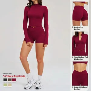 Women's slim fit zip-up sports set with cross waist shorts in burgundy stretchy fabric