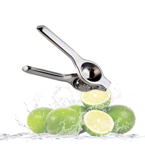 Action shot of stainless steel lemon squeezer with limes and dynamic water splashes