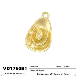 Detail view of a gold brass cowboy hat pendant with weight and size specifications
