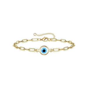 Detail of gold evil eye bracelet with paperclip chain link and adjustable lobster clasp