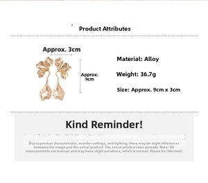 Detailed size and material specs for gold flower drop earrings with matte metal texture