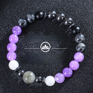 Detail of 8mm natural stone chakra bracelet for anxiety and stress relief featuring lotus text