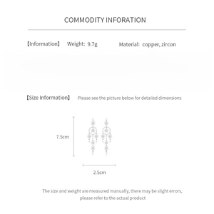 Infographic showing flower tassel earrings size 7.5x2.5cm with copper zircon material