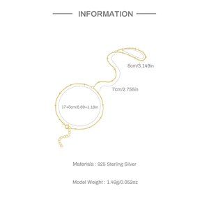 925 Sterling Silver finger bracelet featuring delicate gold beaded chain and measurement info