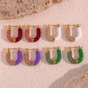 U-shaped gold-plated earrings with colorful zircon inlay and enamel finish detail