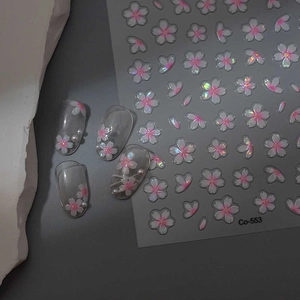 3D embossed cherry blossom nail stickers with pearl finish and holographic floral accents