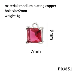 Detail of red square zircon pendant in rhodium-plated copper with 7x9mm size marking
