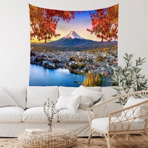 Close-up of Mount Fuji landscape tapestry with autumn maple leaves for room decor