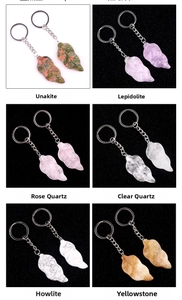 Detailed view of leaf shaped natural stone pendants in various crystals and textures
