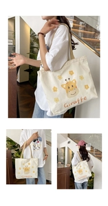 Collage of cream canvas tote bag featuring a cute giraffe print from multiple angles