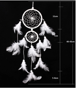 White double ring dreamcatcher dimensions showing 11cm and 7cm diameters with feathers