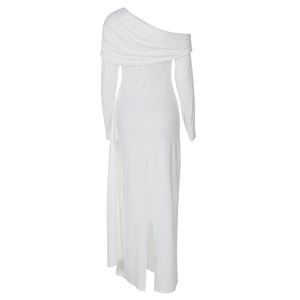 Detail of white one-shoulder dress with elegant draping and slim-fit waist design