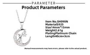 Detail view showing silver moon cat pendant dimensions and S925 sterling silver material