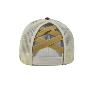 Detail of cross-elastic band and breathable mesh on cow print ponytail baseball cap