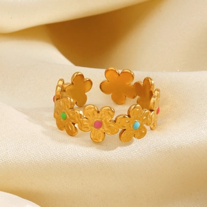 Bague ouverte en acier inoxydable doré ornée de motifs floraux colorés en émail