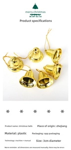 Set of six 3cm gold-plated plastic Christmas bells with hanging cords for holiday trees