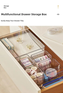 Detailed view of clear drawer organizers for stationery and office supplies storage
