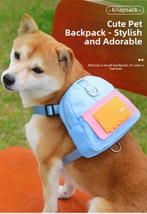 Outdoor dog backpack harness with blue and pink color block on Shiba Inu model