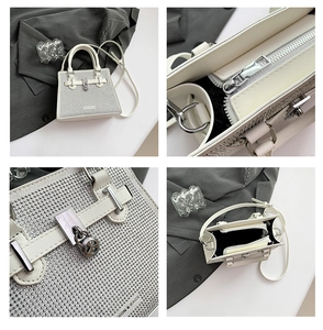 Detailed views of a silver rhinestone mini handbag with metallic lock and shoulder strap