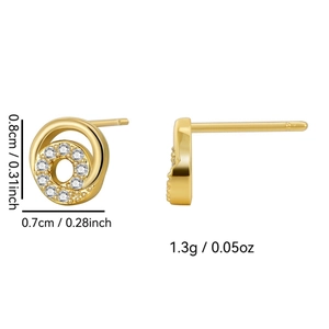Minimalist gold plated hoop earrings with zircon stones, frontal and side view dimensions