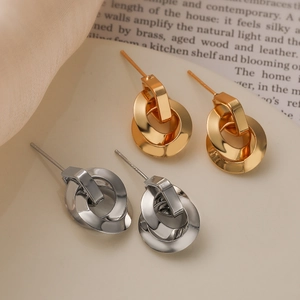 Interlocking Double Circle Hoop Earrings Copper Gold Plated Geometric Minimalist Polished Fashion Jewelry For Women Commuting