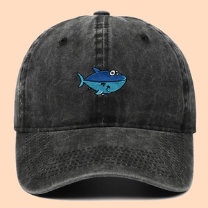 Distressed dark grey cotton baseball cap featuring blue shark embroidery on center front