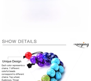 Detail of handmade double-row chakra bracelet with 8mm natural stone beads and woven rope