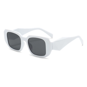 Modern white square frame sunglasses with black polarized lenses shown from a 45-degree angle