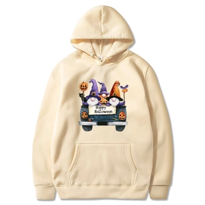 Halloween apricot hoodie featuring cartoon gnomes and pumpkins with festive graphics