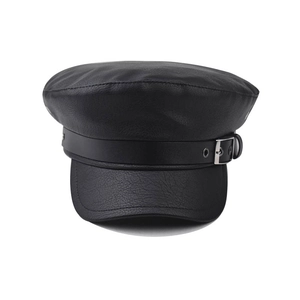 Classic black PU leather newsboy cap for women with silver buckle and pebbled texture