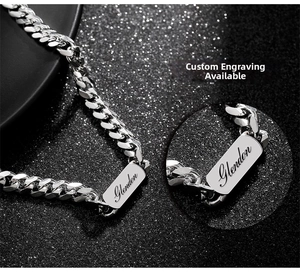 Detail view of silver curb chain necklace with customizable engraved Glendon plaque