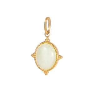 Detailed macro view of a vintage oval jade stone pendant with golden metal setting