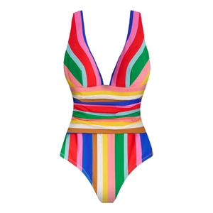 Detailed view of colorful striped one-piece swimsuit with V-neck and ruched waist details
