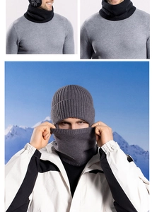 Detail of grey winter knit beanie and neck warmer set with thermal fleece lining