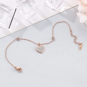 Rose gold heart pendant stainless steel bracelet with sparkling rhinestones for women