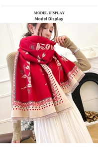 Detail of red floral cashmere-feel scarf with fringe tassels and geometric patterns