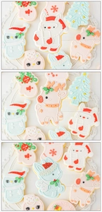 Detail of Christmas fondant cookie cutters showing Santa, reindeer, and snowman designs