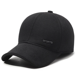 Winter wool baseball cap for elderly men with warm ear flaps and sports metal plaque