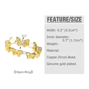 Detail view of gold-plated open ring showing dimensions and zircon bead material