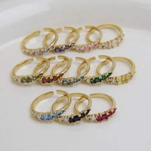 Adjustable 18K gold plated ring with colorful rectangular cubic zirconia birthstones