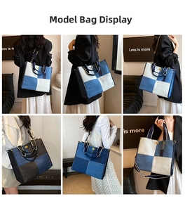 Collage de sac cabas en denim multicolore montrant divers styles de porté épaule