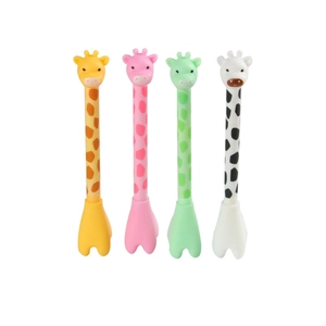 Set of four colorful giraffe-shaped creative gel pens in yellow, pink, green, and white colors