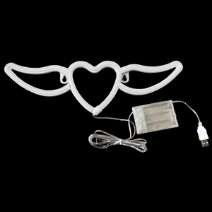 Vue détaillée d'un cœur LED blanc avec ailes incluant câble USB et boîtier de piles
