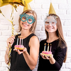 Glittery Happy Birthday glasses in blue and silver for party photo props
