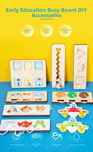 Macro view of colorful wooden busy board accessories including number flips and puzzles