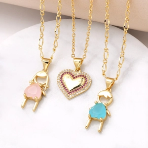 Heart Pendant Necklace Gold Plated Copper Cubic Zirconia Inlaid Boy Girl Figures Fashion Jewelry