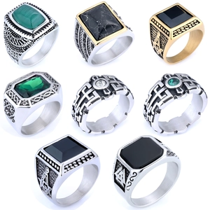 Men Signet Ring Vintage Masonic Stainless Steel Retro Freemason Symbol With Black Green Gemstone Individual Jewelry